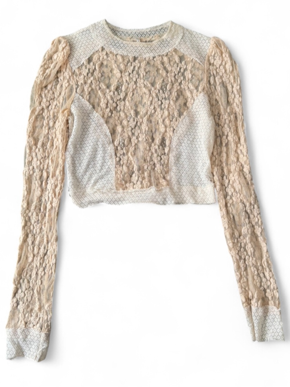 Free People Beige Lace Long-Sleeve Crop Top
